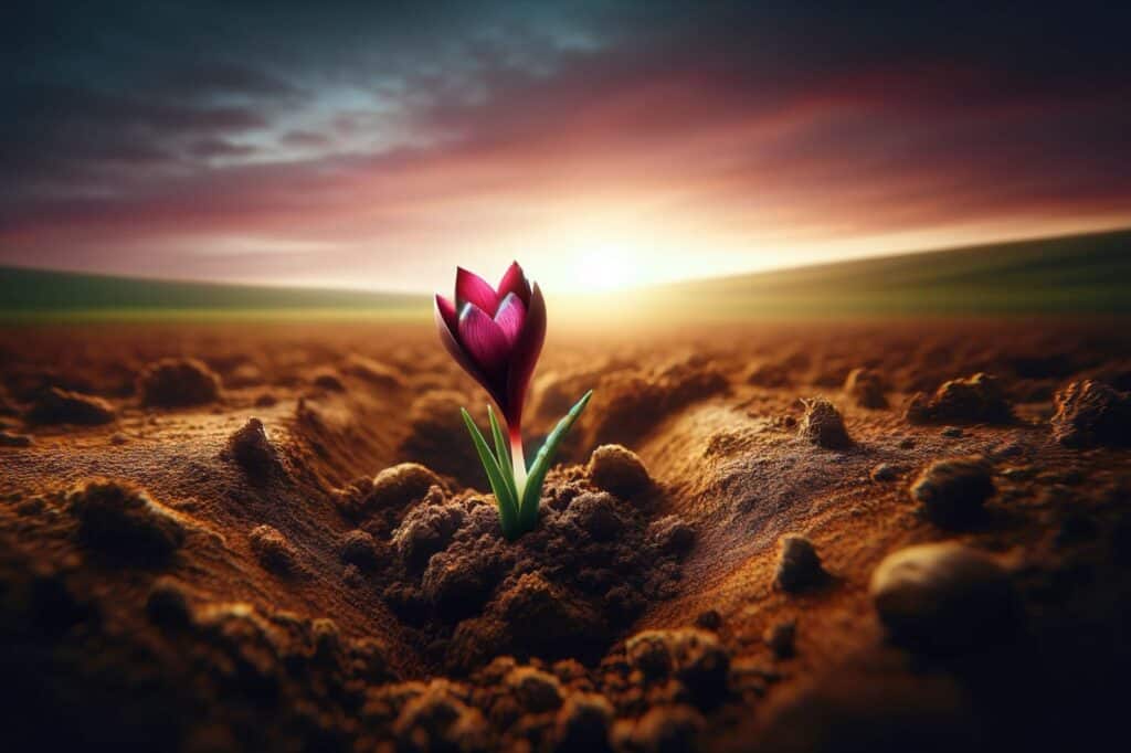 a small burgundy flower breaking through rich soil.