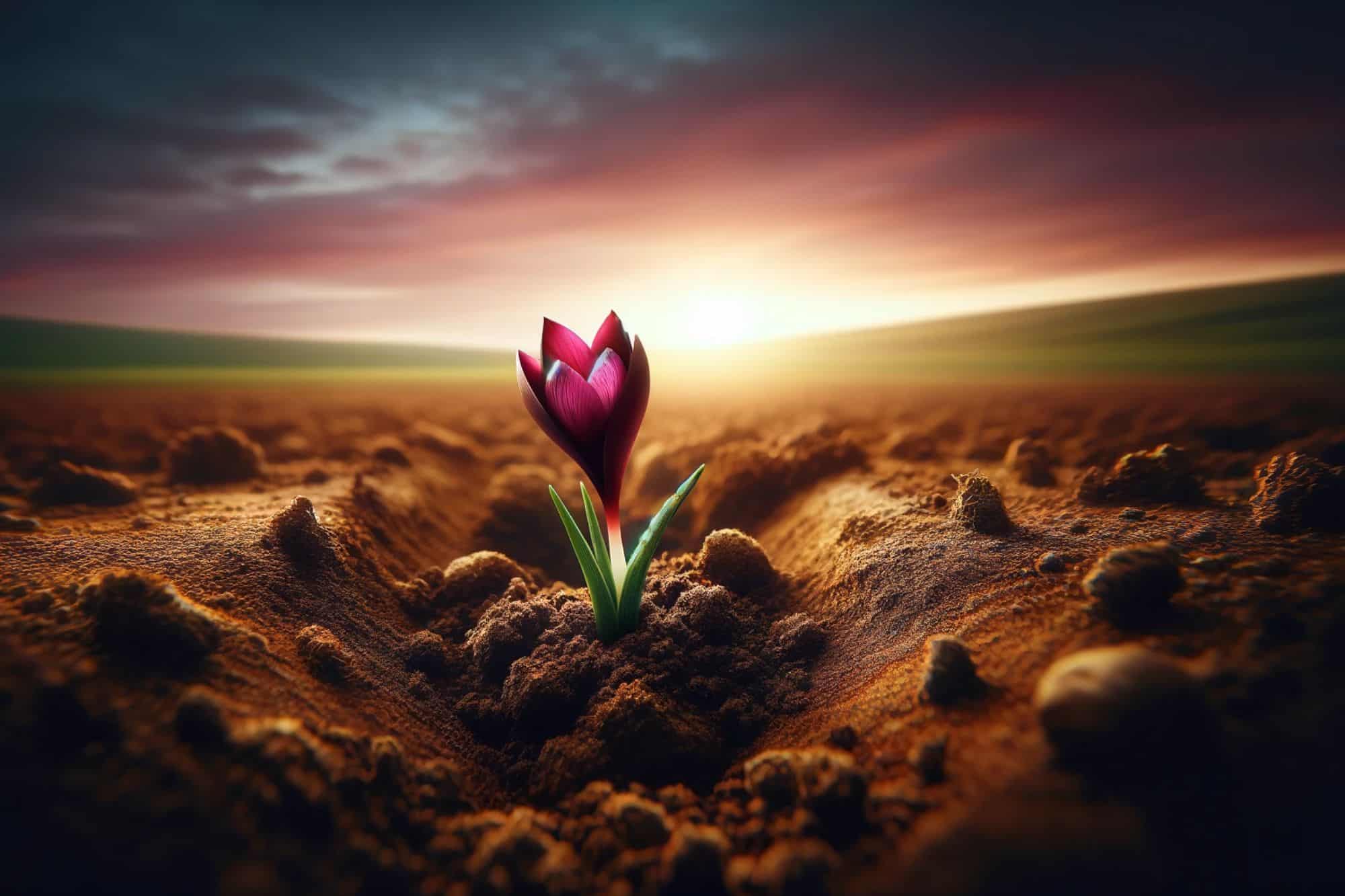 a small burgundy flower breaking through rich soil.