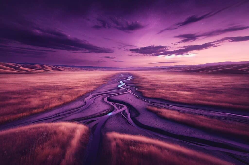 A vast, open field under dark skies of purple hues.