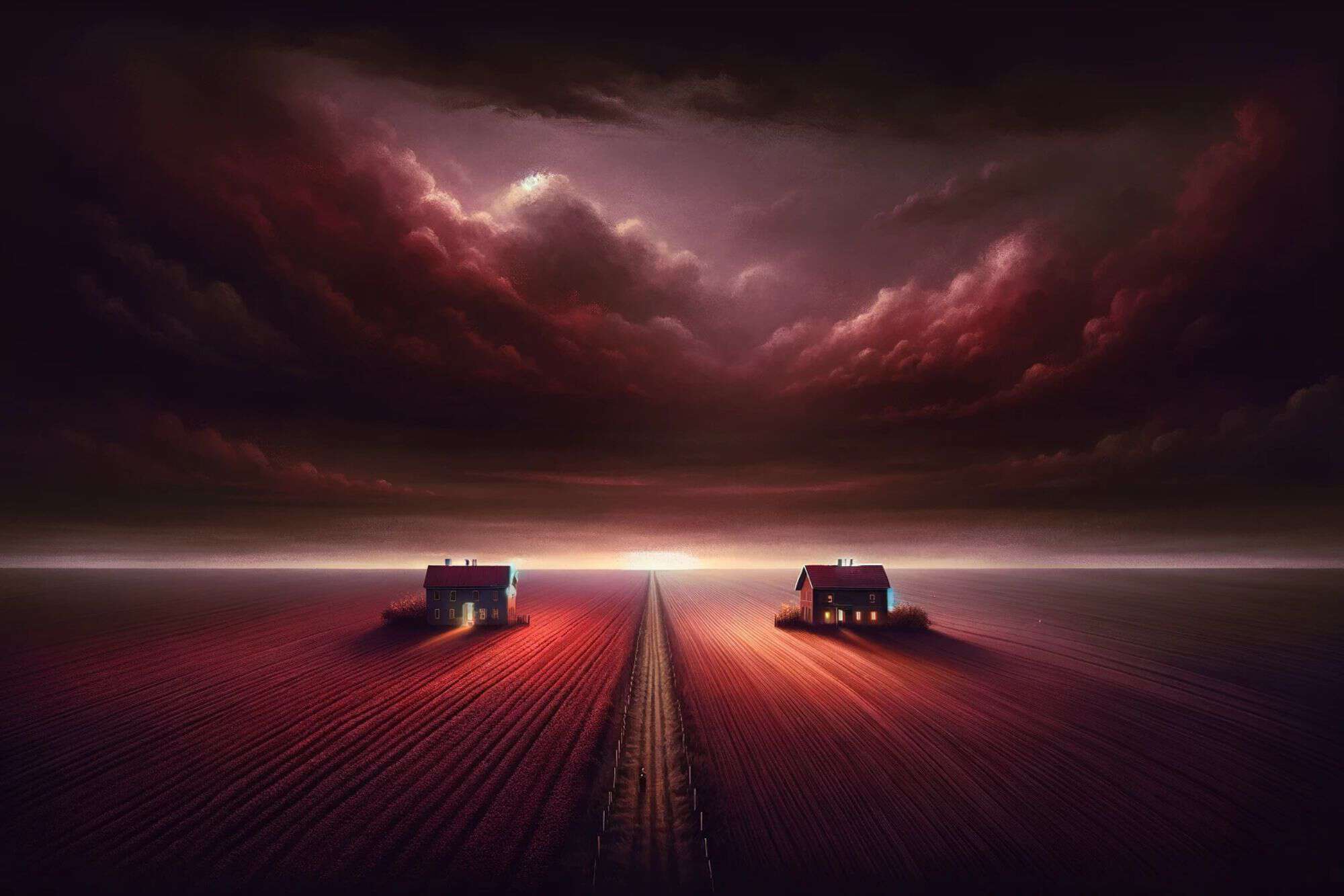 two houses in a vast field separated by a road under a dark sky in burgundy and purple hues.